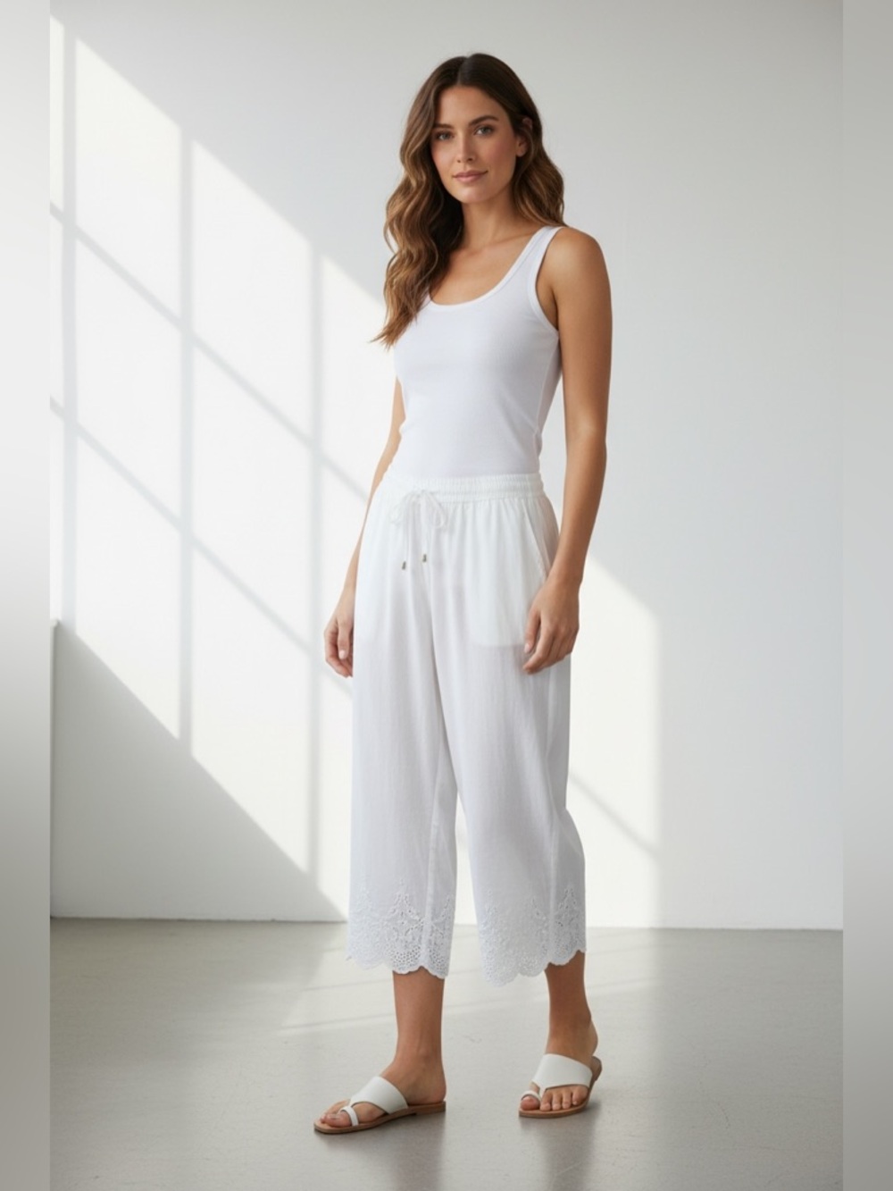 Soft Surroundings Elastic Waist Wide Leg Eyelet Hem Pants White Size Large